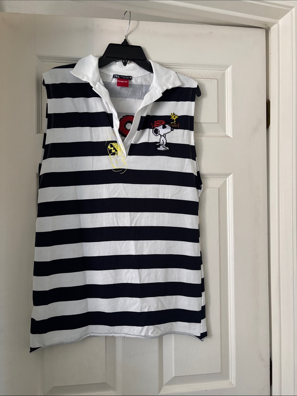 Snoopy Striped Sleeveless Polo Top - Navy & White